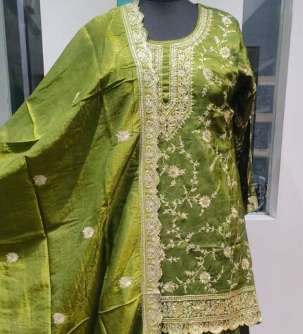 Elegant Olive Green Shimmer Tissue Skirt with Kasab & Cut Dana Work