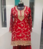 Stunning Red Chinon Gharara with Kasab & Dabka Work