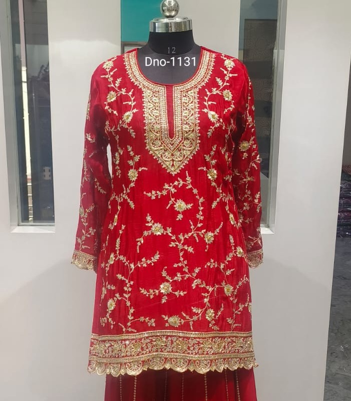 Stunning Red Chinon Gharara with Kasab & Dabka Work
