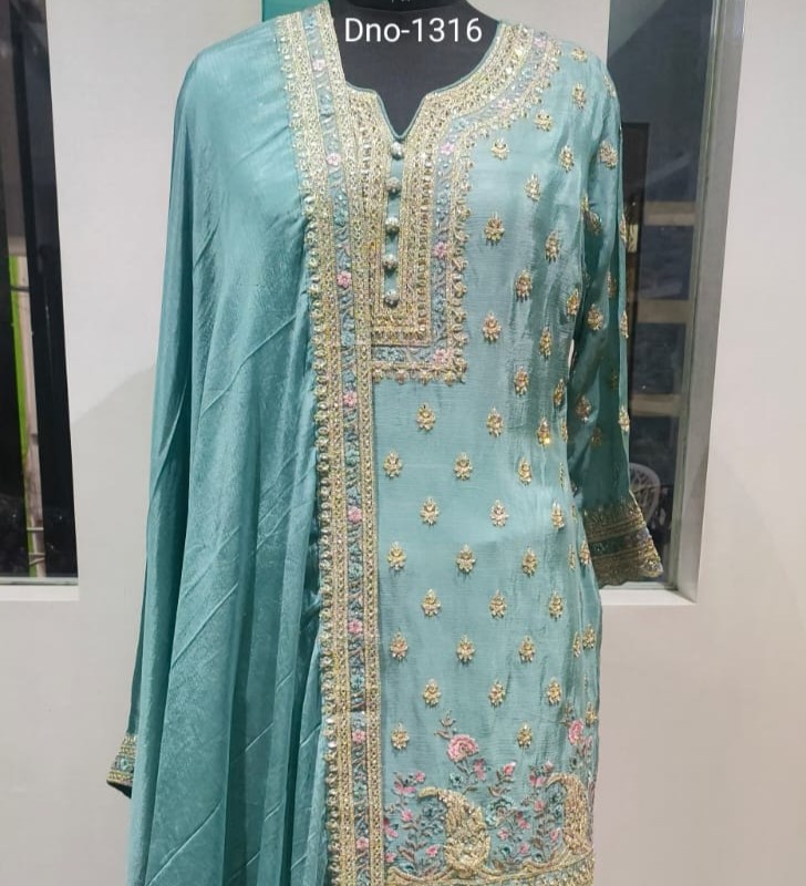 Stunning Sea Green Chinon Sharara with Thread Work | Zareen Fashion