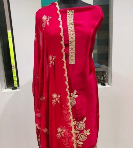 Elegant Wine Red Glass Organza Unstitched Suit with Thread Embroidery