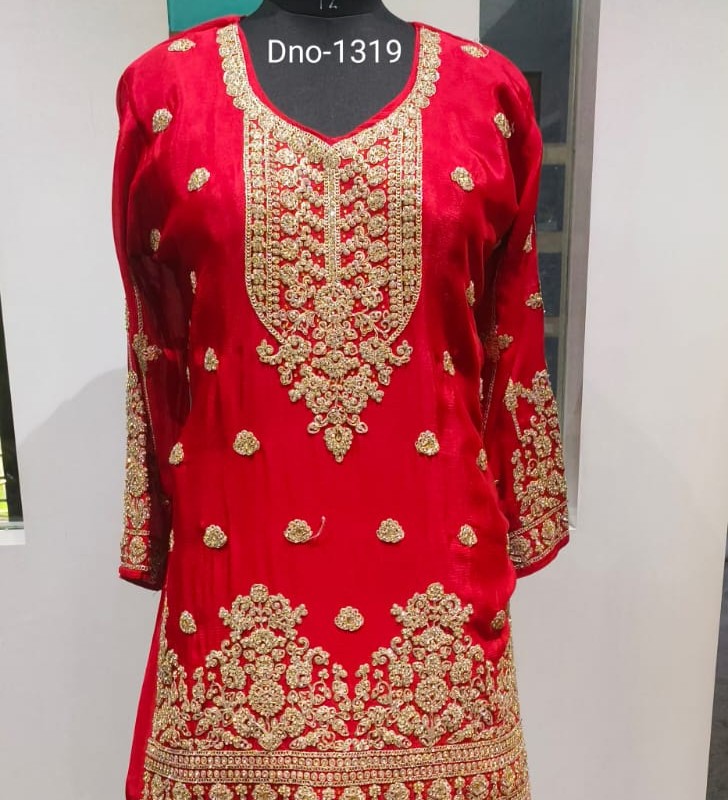 Stunning Red Chinon Gharara with Cord Work & Sequence Embellishment