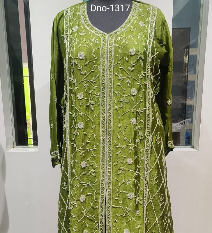 Olive Green Chinon Skirt with Cut Dana & Dabka Work | Zareen Fashion